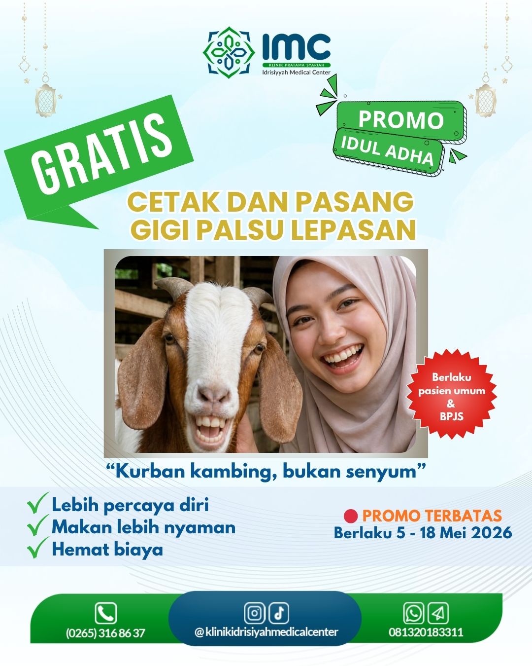 Pelayanan cetak dan pasang gigi palsu lepasan gratis di Klinik Pratama IMC dalam rangka Idul Adha 2026